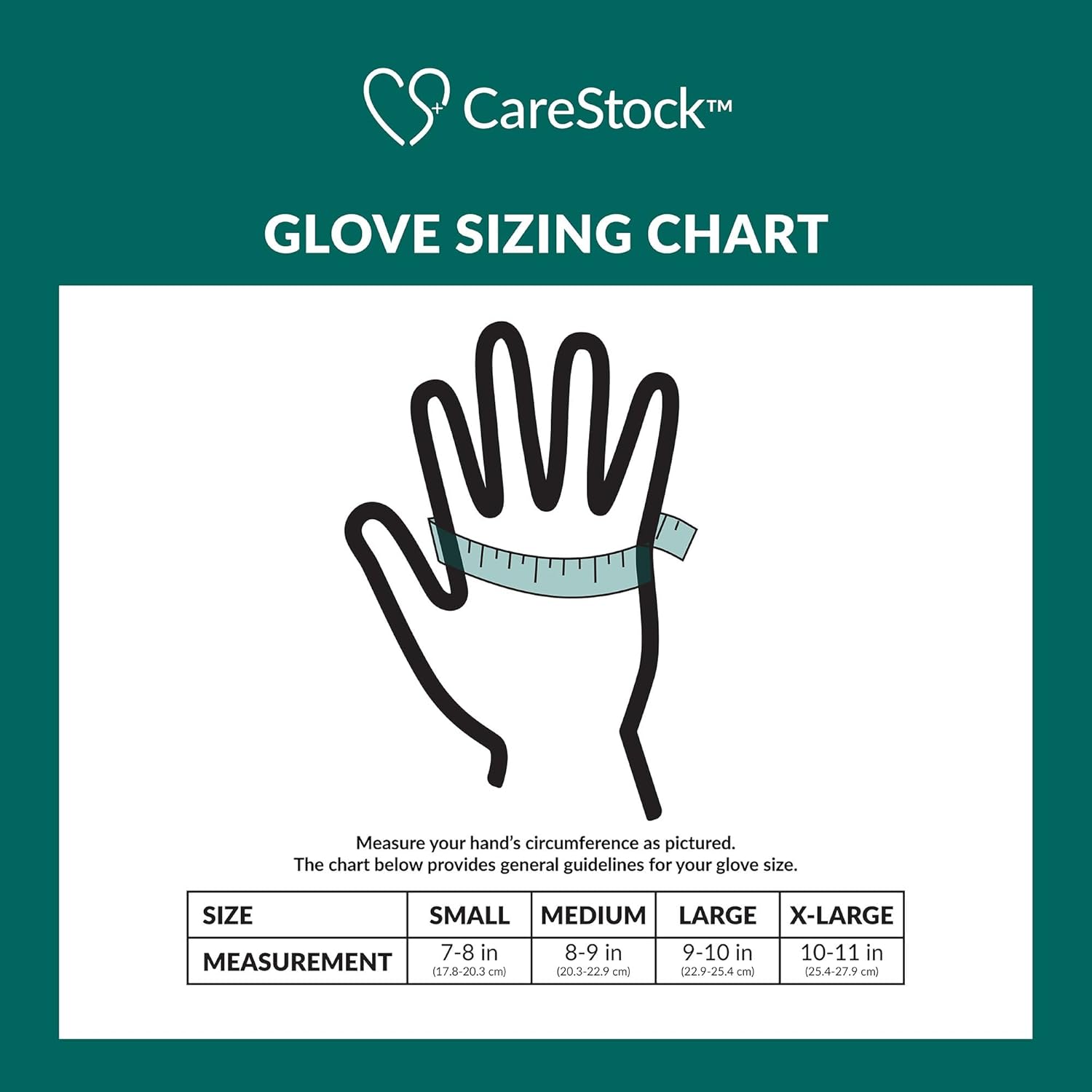 Glove sizing chart for nitrile exam gloves: S–XL hand circumference