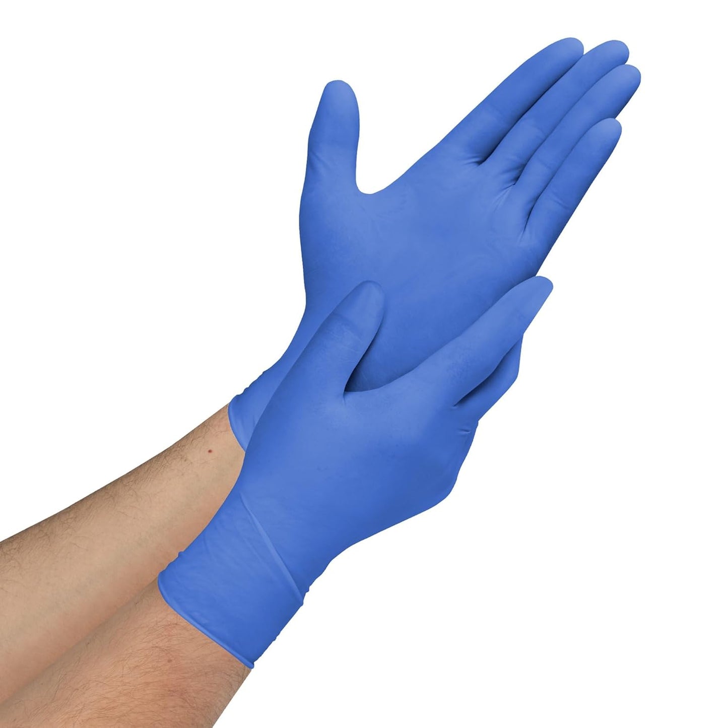 Two blue nitrile exam gloves, textured fingertips on hands