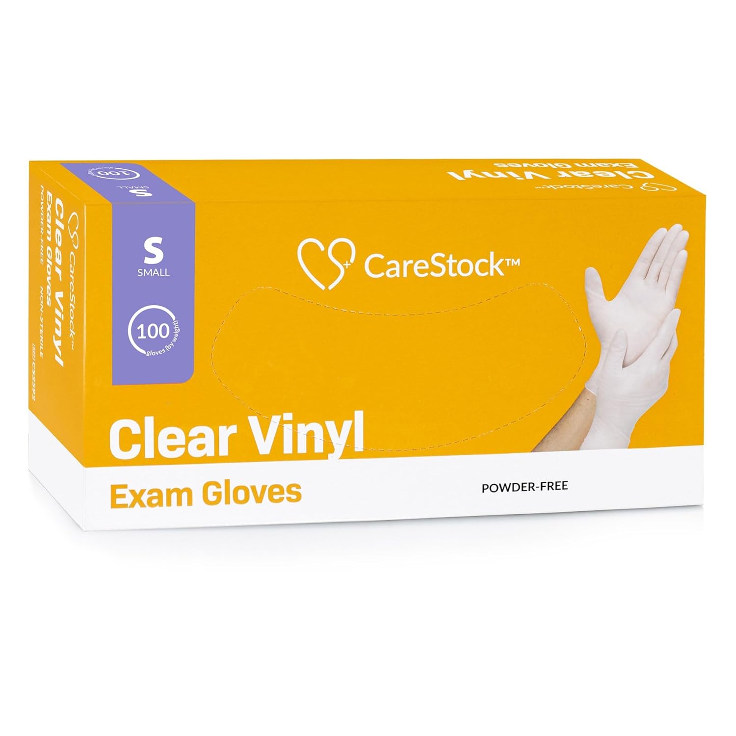 Clear vinyl exam gloves, standard cuff, size S, powder-free (box of 100)