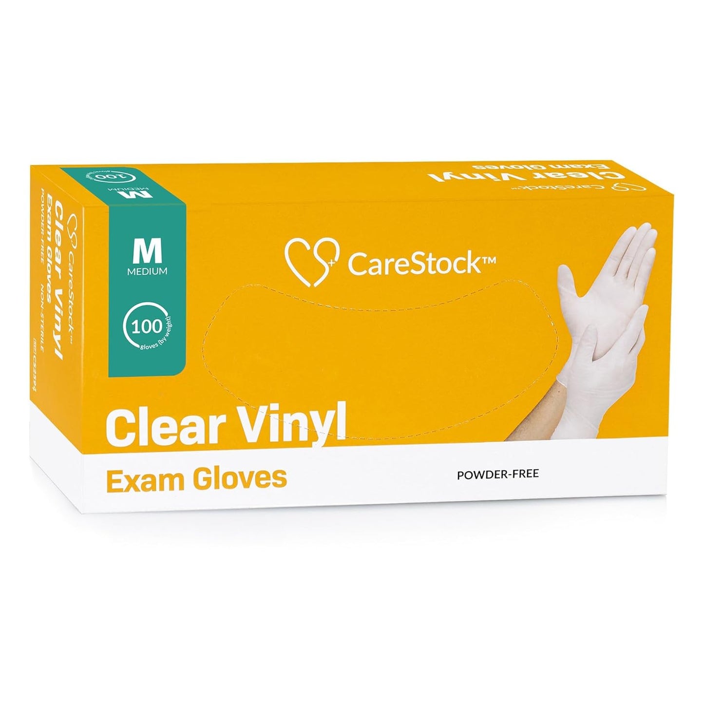 Clear vinyl exam gloves, standard cuff, size M, powder-free (box of 100)