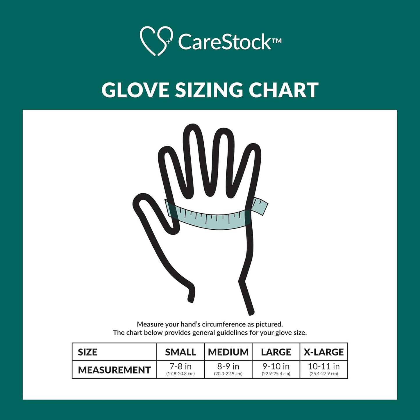 Glove sizing chart showing hand circumference measurements for vinyl exam gloves