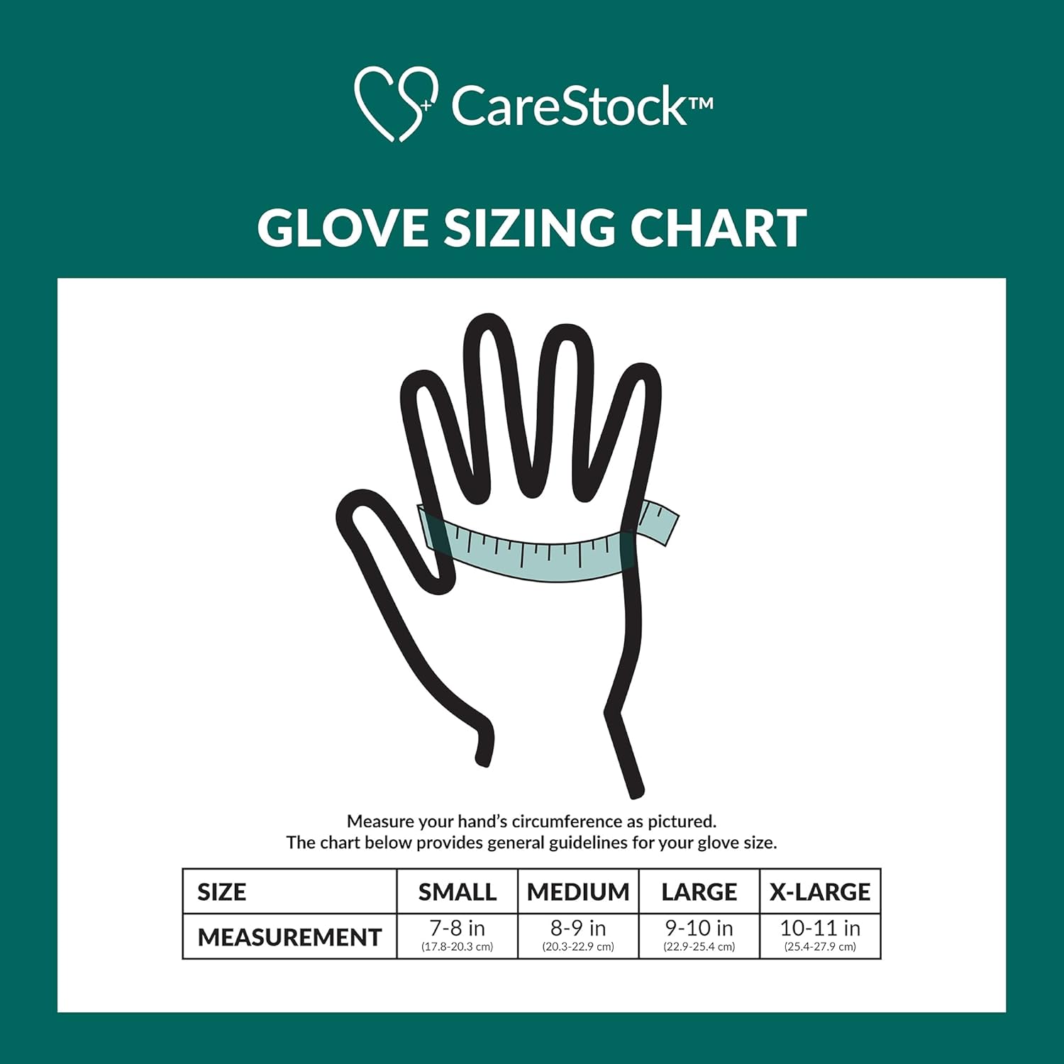 Glove sizing chart showing hand circumference measurements for vinyl exam gloves