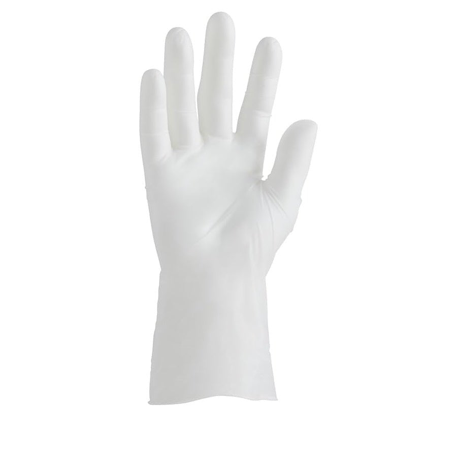 Clear vinyl exam glove, standard cuff, powder-free, single glove shown