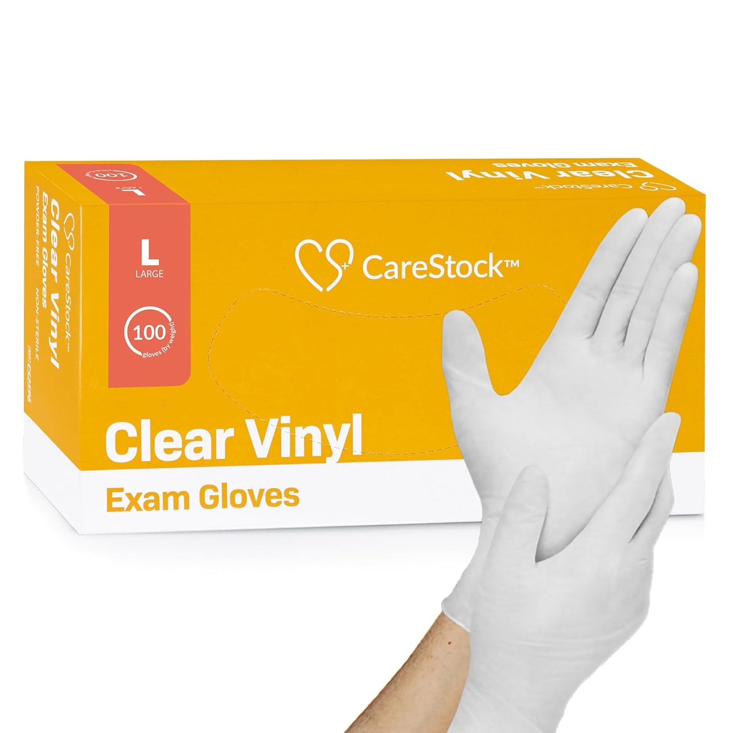 Clear vinyl exam gloves, standard cuff, size L, powder-free (box of 100)