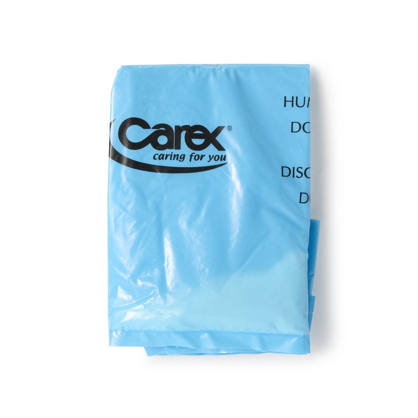 Blue commode liner bag front view with printed logo and partial warning text