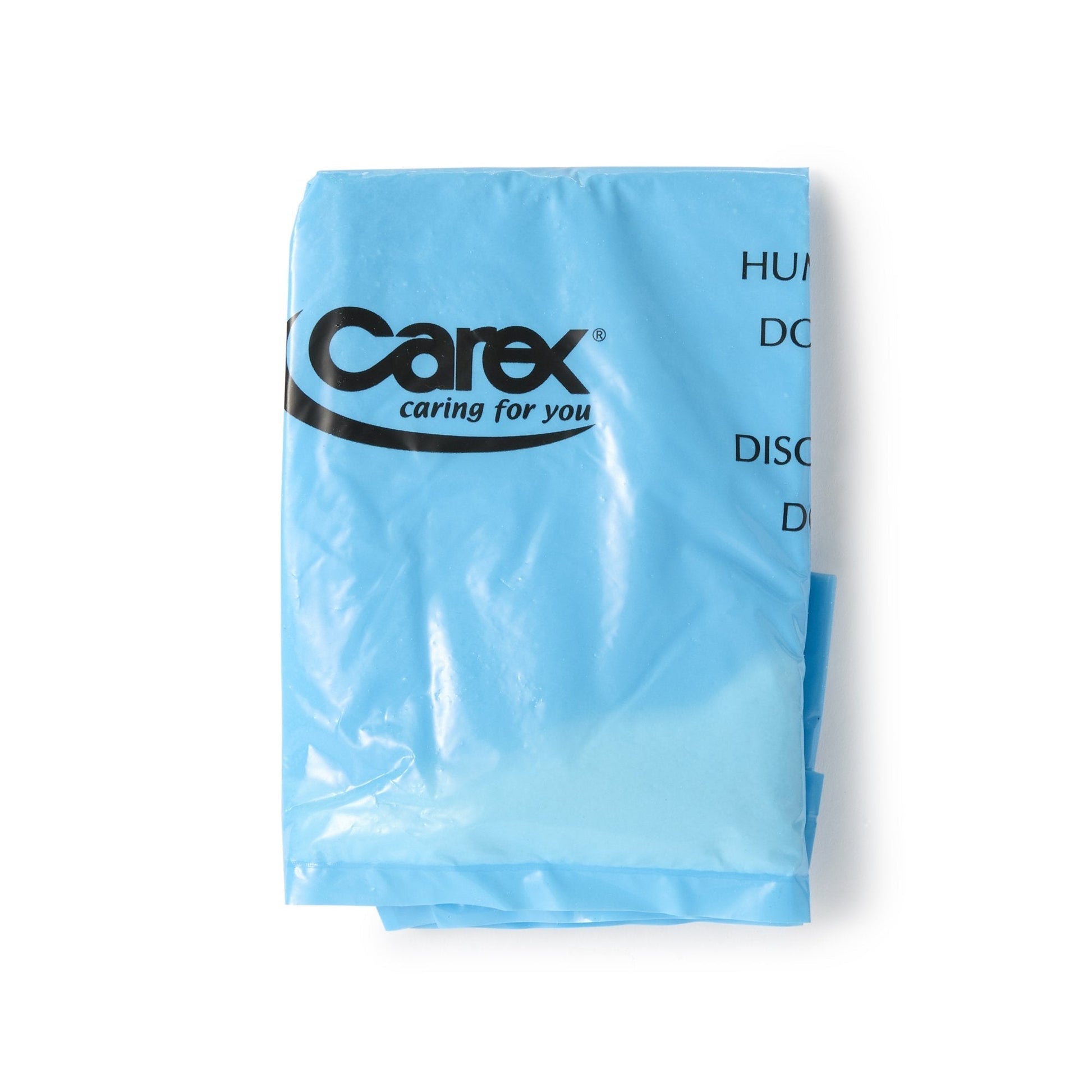 Blue commode liner bag front view with printed logo and partial warning text
