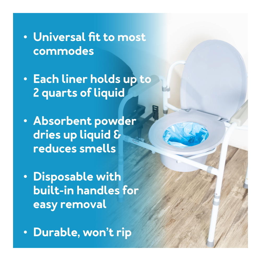 Commode liner used in a toilet chair, blue folded liner inside the bowl