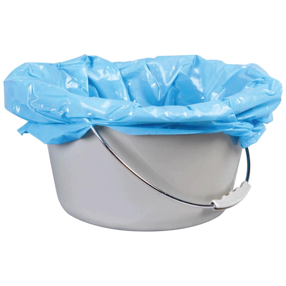 Blue commode liner sheet folded over a toilet commode bowl