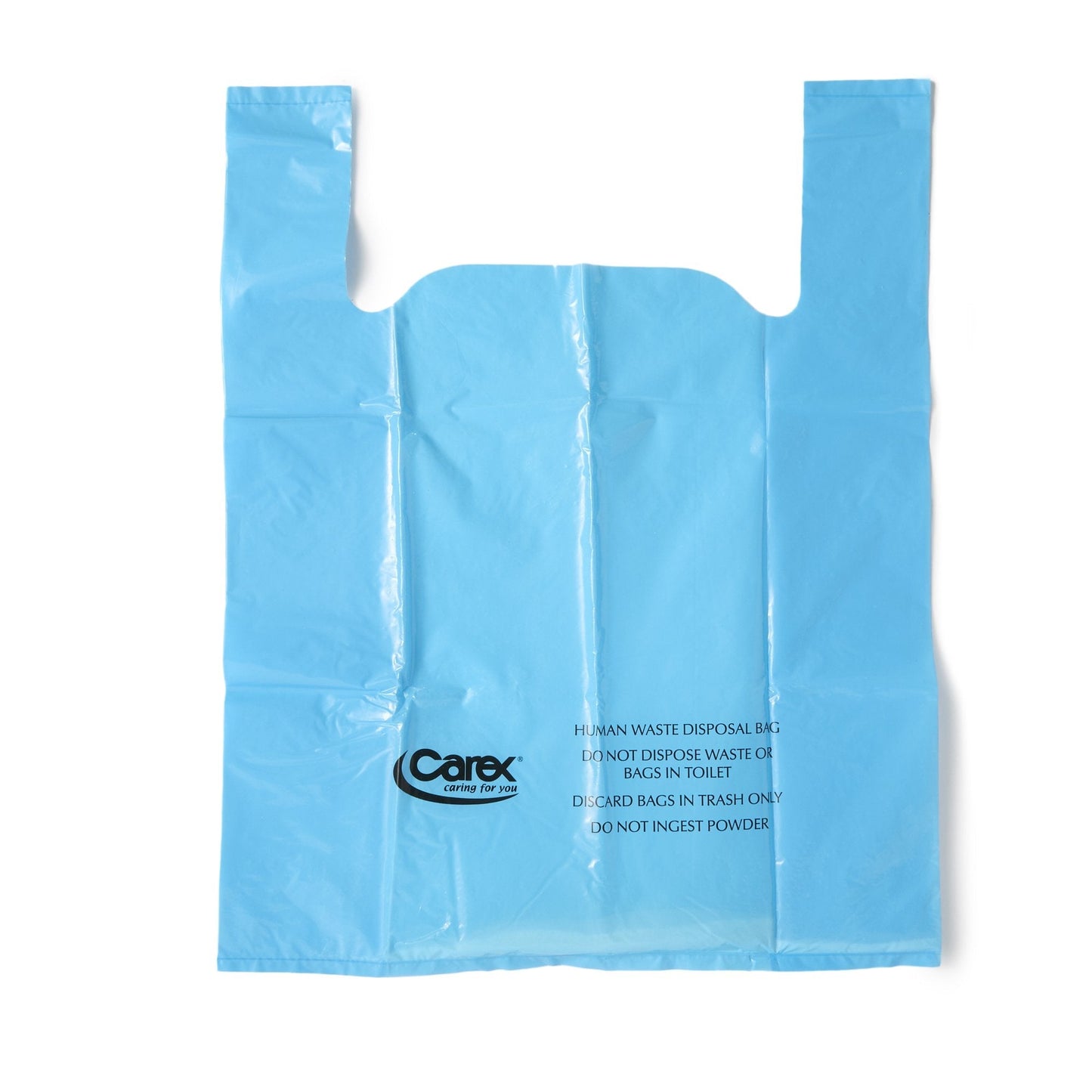 Blue disposable commode liner bag with handle cutouts and printed disposal text