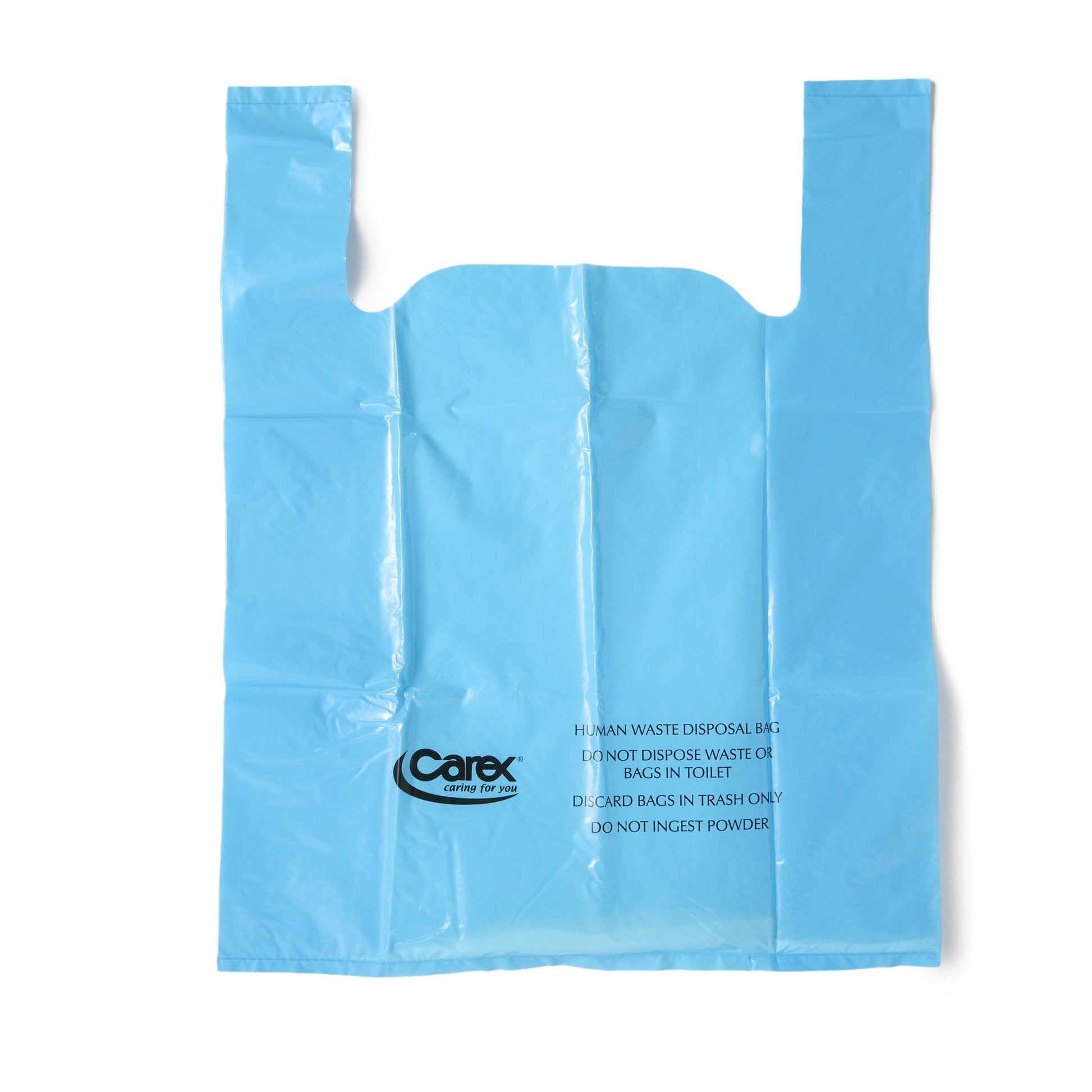Blue disposable commode liner bag with handle cutouts and printed disposal text