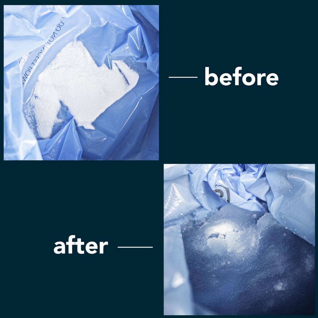 Close-up of blue liner with absorbent powder granules before and after