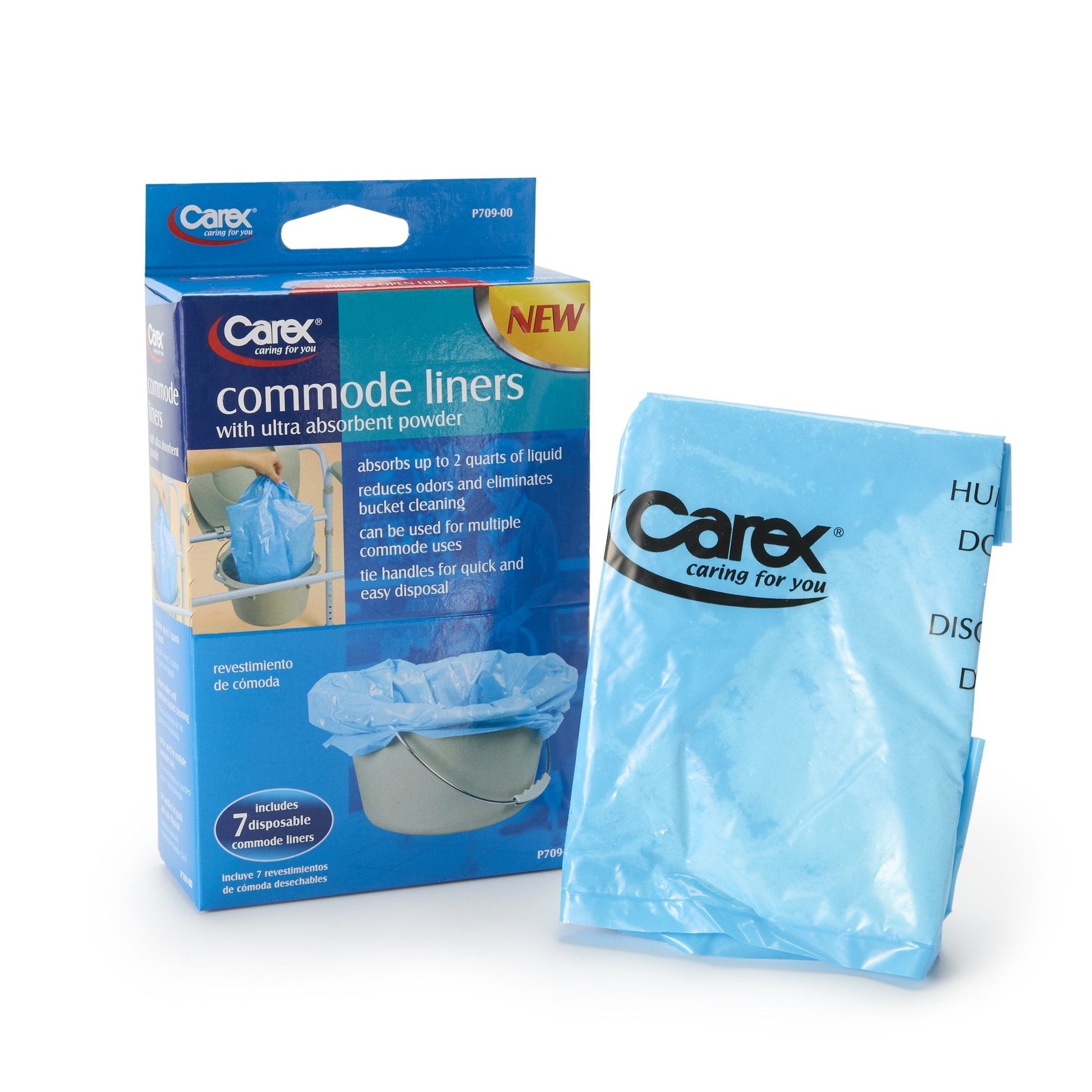 Commode liner pack box with blue ultra-absorbent powder liners