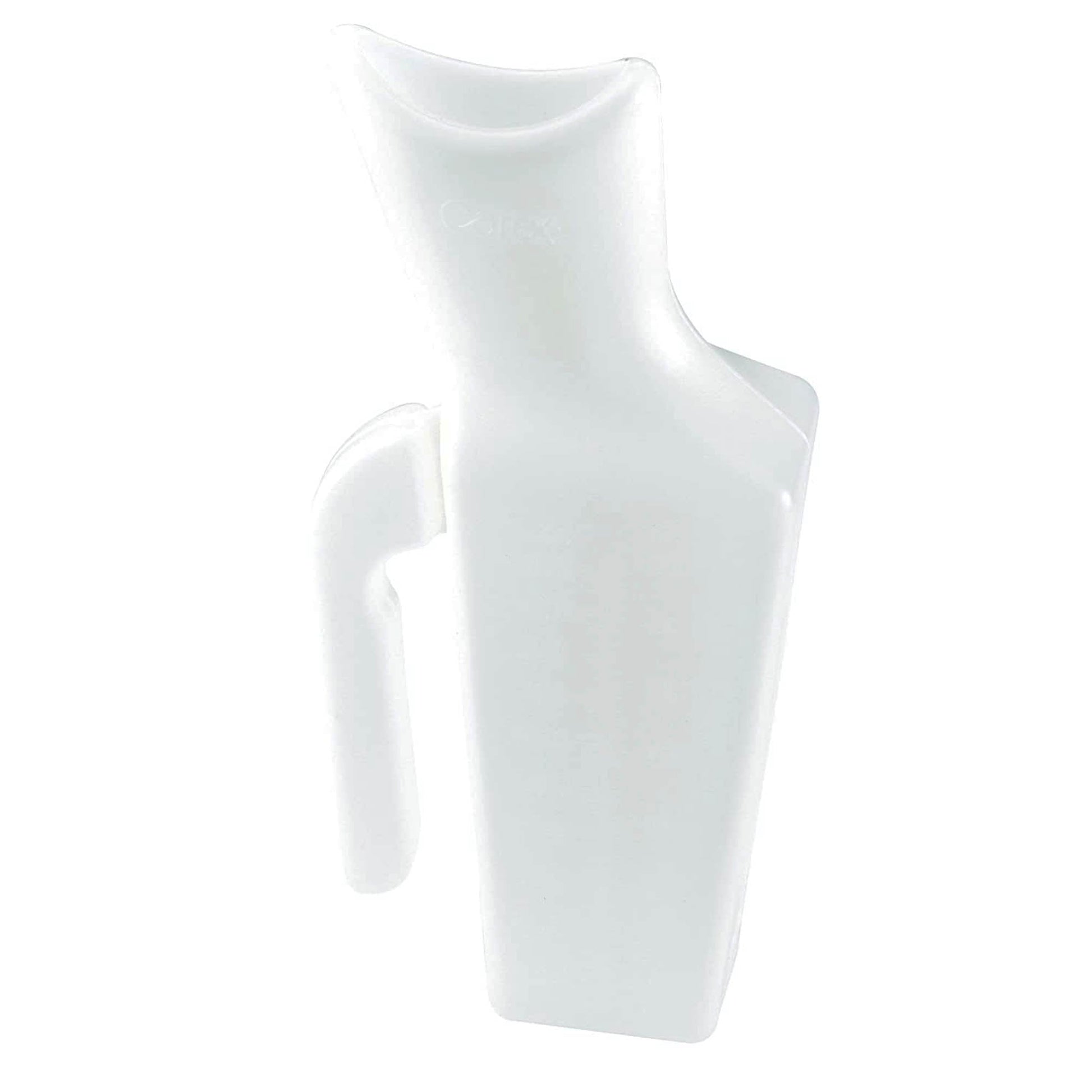 Female urinal, translucent white plastic funnel-style outlet and handle
