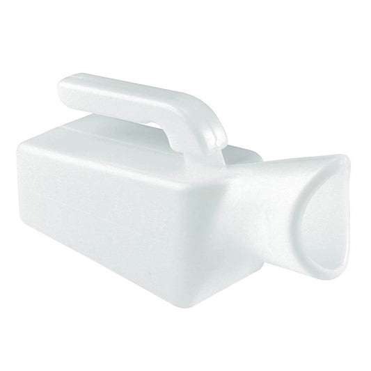 Female urinal device, translucent white plastic cup with front outlet