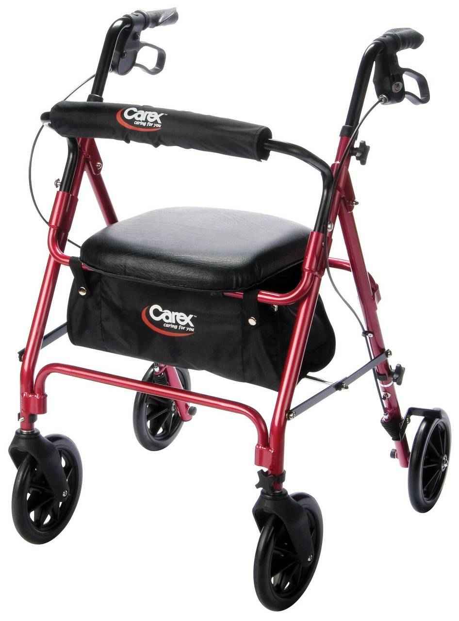 Burgundy rolling walker with black padded seat and storage pouch, four wheels