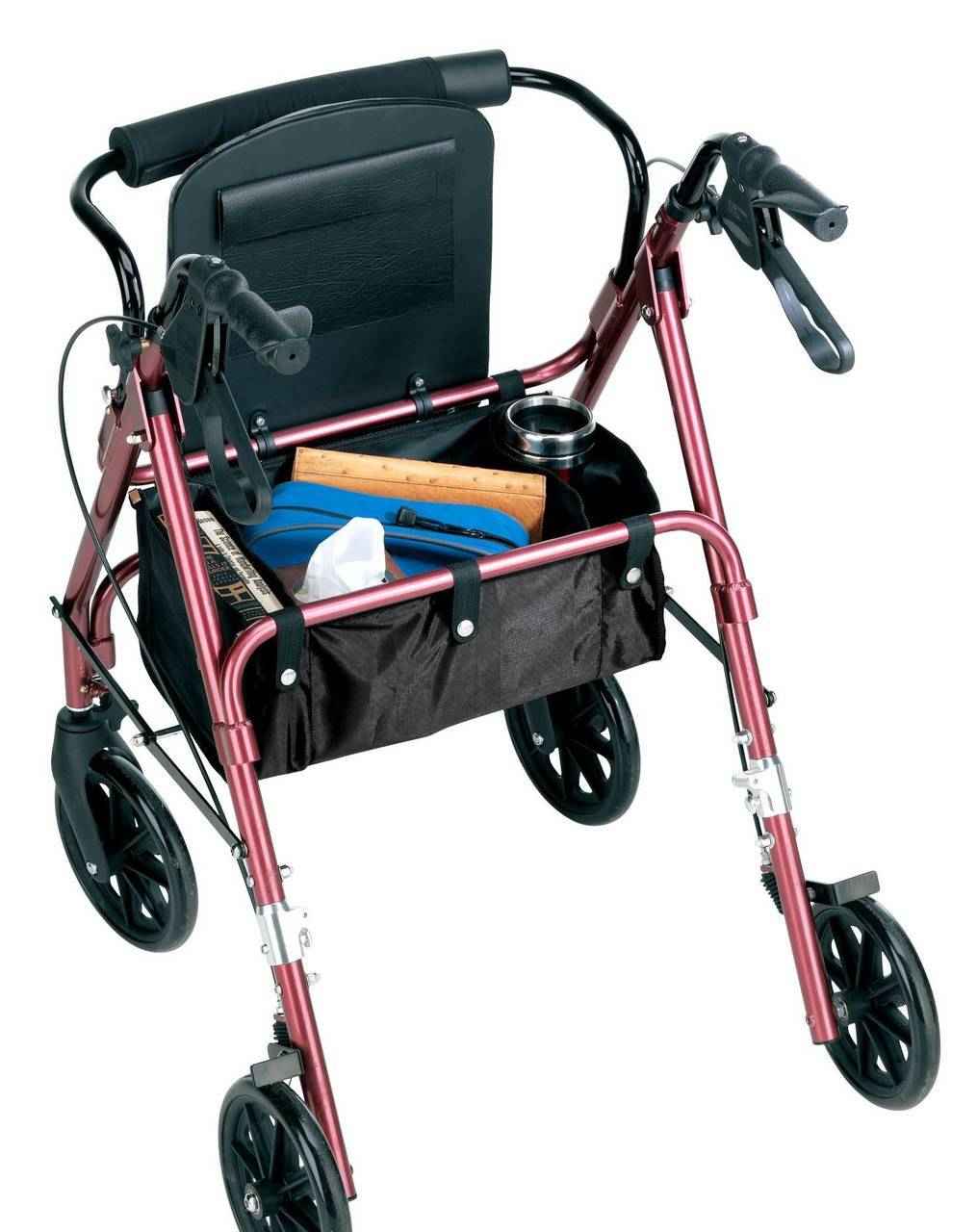 Rolling walker with burgundy frame, black backrest and front storage bag
