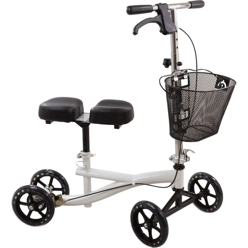 White knee scooter walker with cushioned knee pads, handlebar, and front mesh basket
