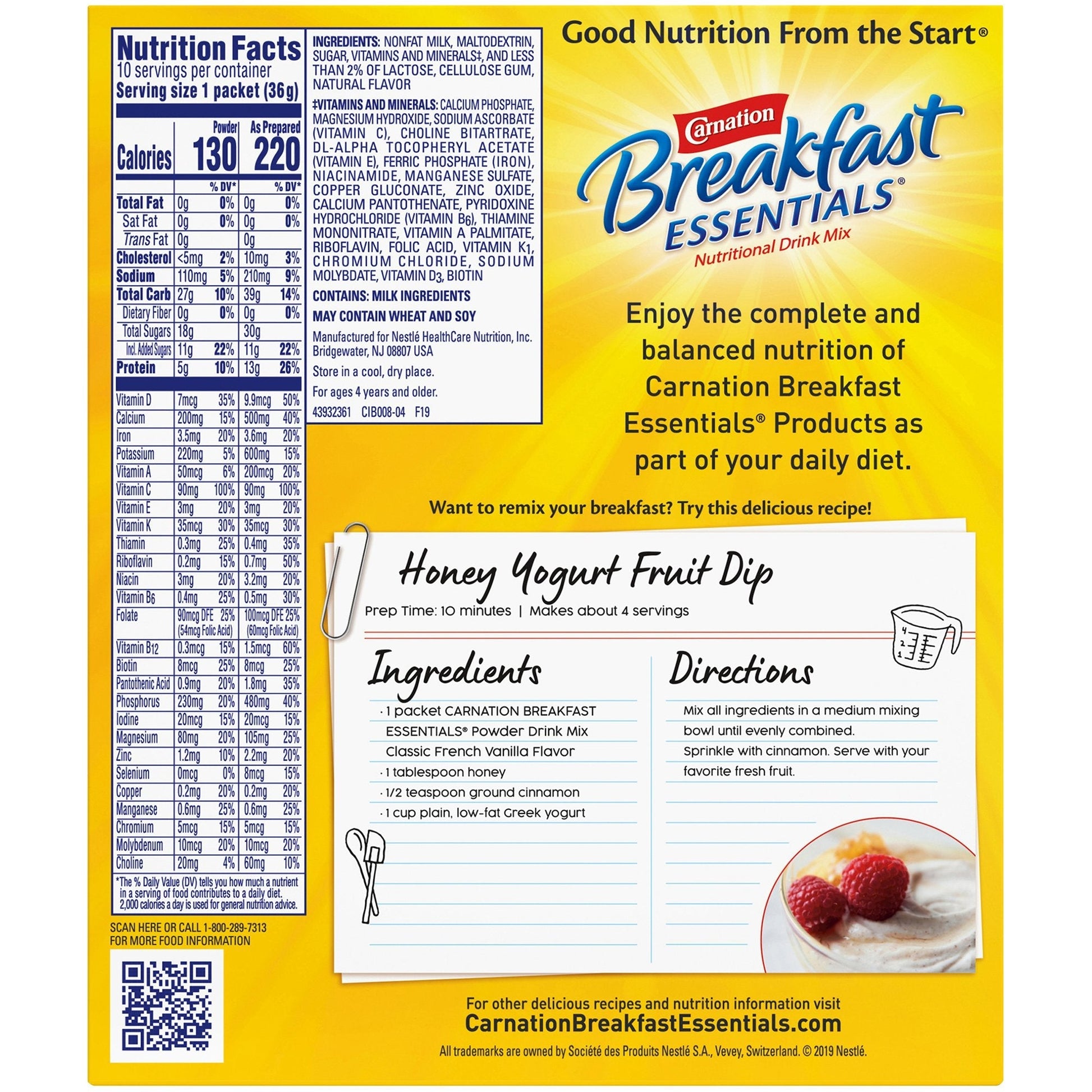 Breakfast Essentials Classic French Vanilla box back panel with nutrition facts and recipe