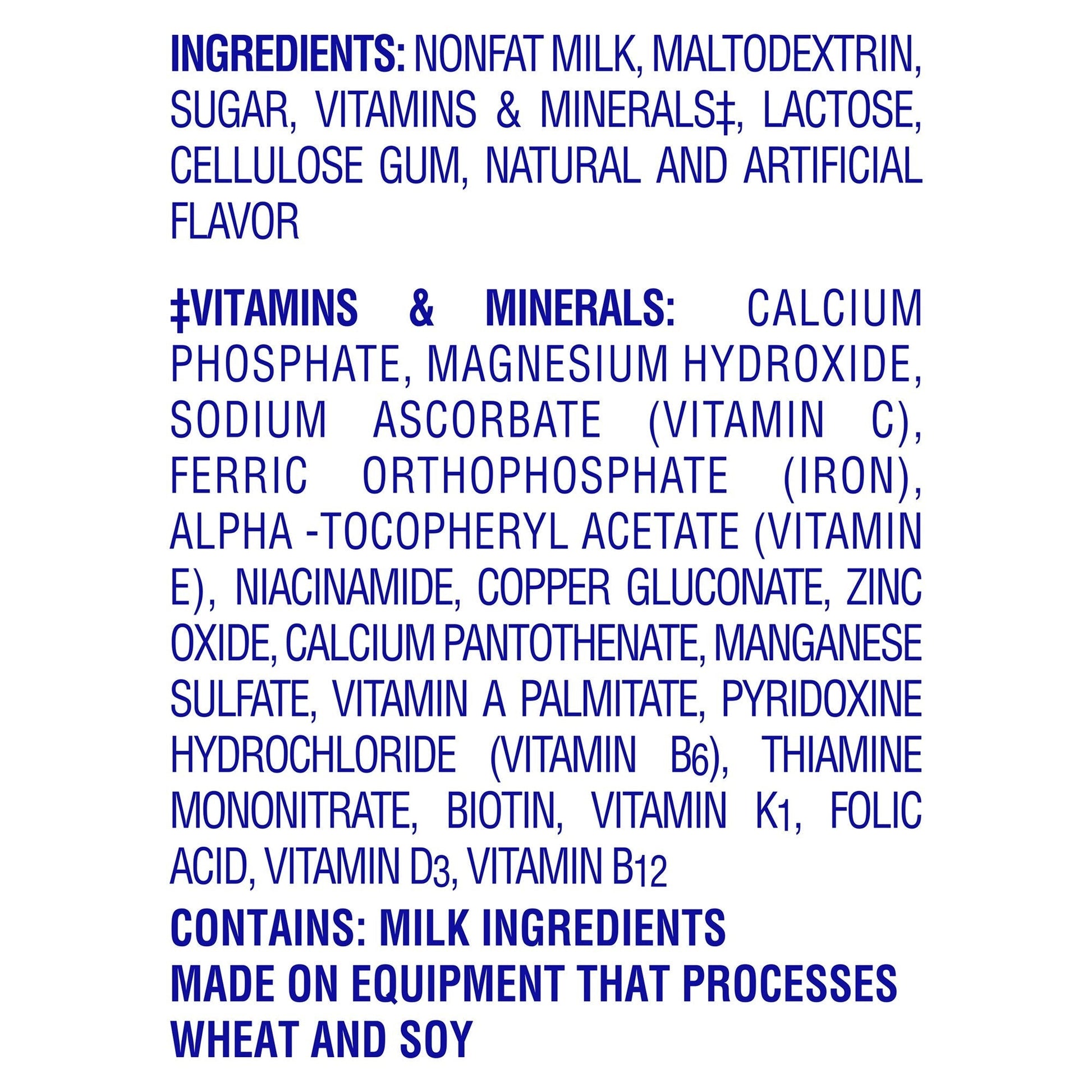 Breakfast Essentials Classic French Vanilla ingredients list, includes vitamins and minerals