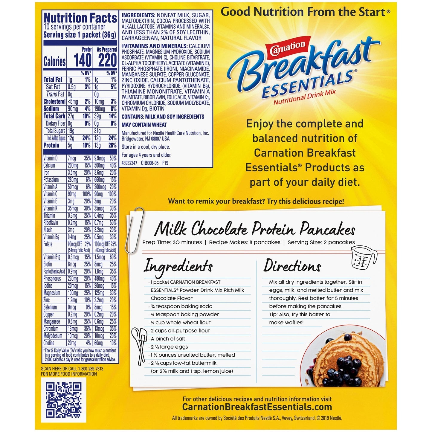 Breakfast Essentials rich milk chocolate nutrition facts and ingredient information panel