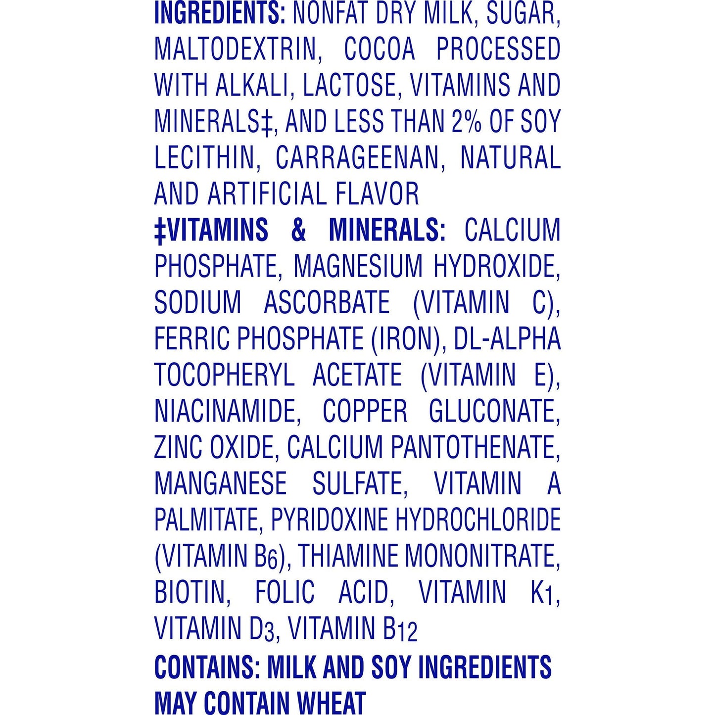 Breakfast Essentials rich milk chocolate ingredient list, contains milk and soy