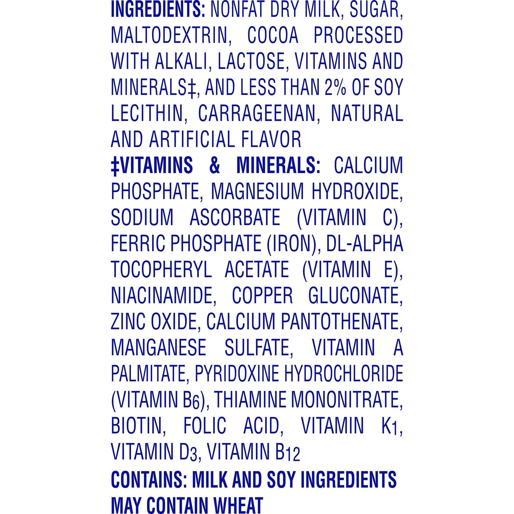 Breakfast Essentials rich milk chocolate ingredient list, contains milk and soy