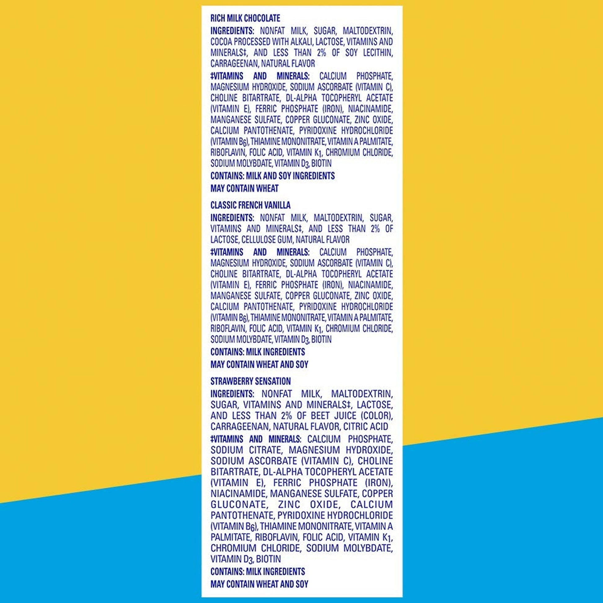 Ingredients list for rich milk chocolate, classic French vanilla, and strawberry sensation mixes