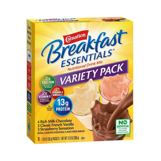 Breakfast Essentials variety pack powder drink mix box with 4 chocolate, 3 vanilla, 3 strawberry