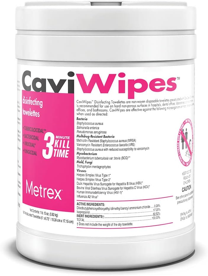 CaviWipes disinfecting wipes container, front label with 3 Kill Time, single canister