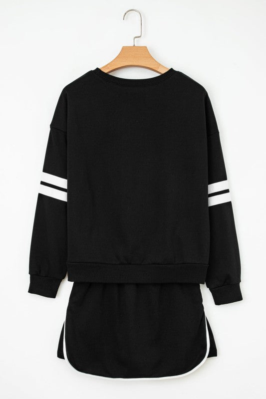 Black varsity stripe pullover and mini skirt set with white sleeve stripes