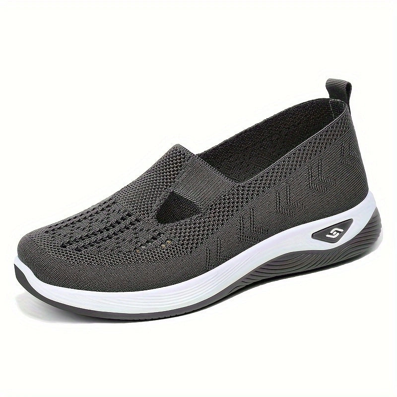 Women’s breathable mesh slip-on shoes, dark gray knit upper with white sole and side logo patch