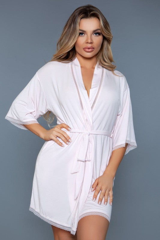 White robe with V-neck and waist tie, short sleeves, and scalloped lace edge trim