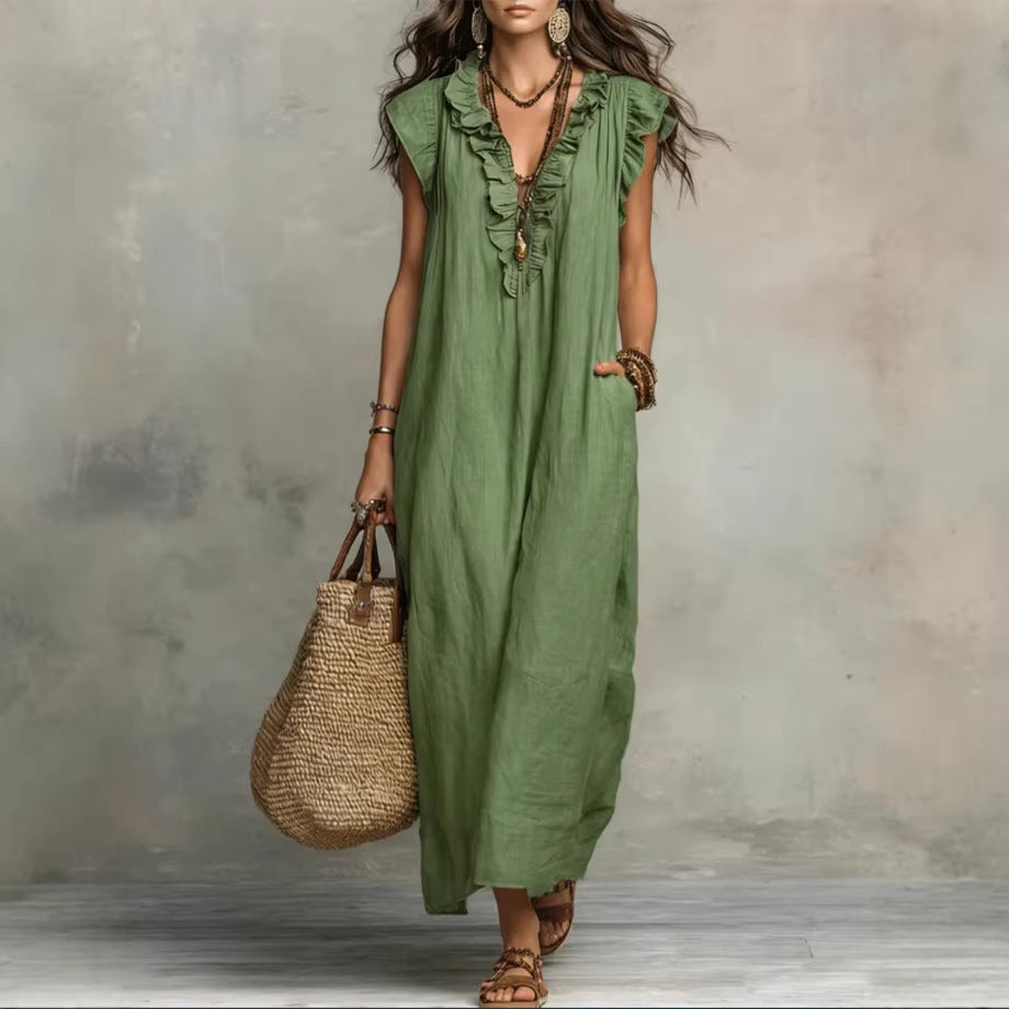 Green sleeveless maxi dress with ruffle neckline and keyhole button front