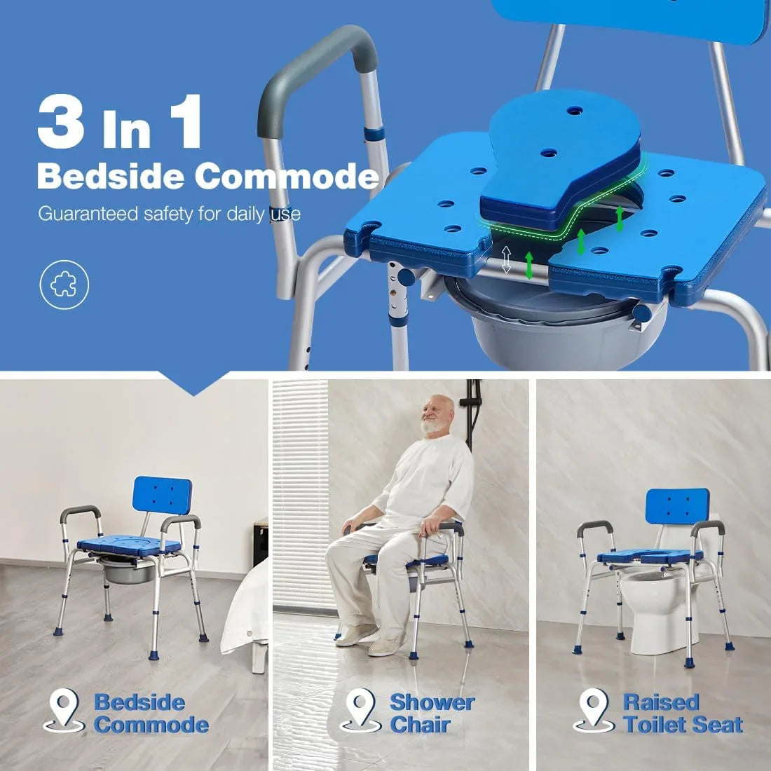 Blue and gray bedside commode chair with backrest, arm handles, and raised toilet seat