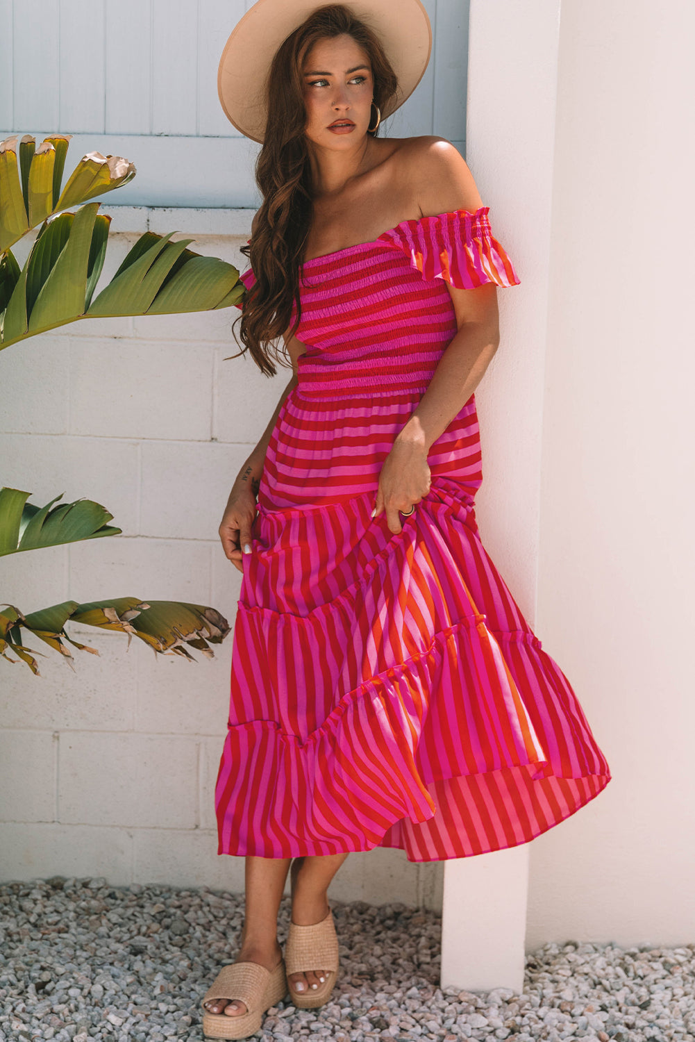 Rose stripe tiered maxi dress with flutter sleeves and ruffled tiered hem