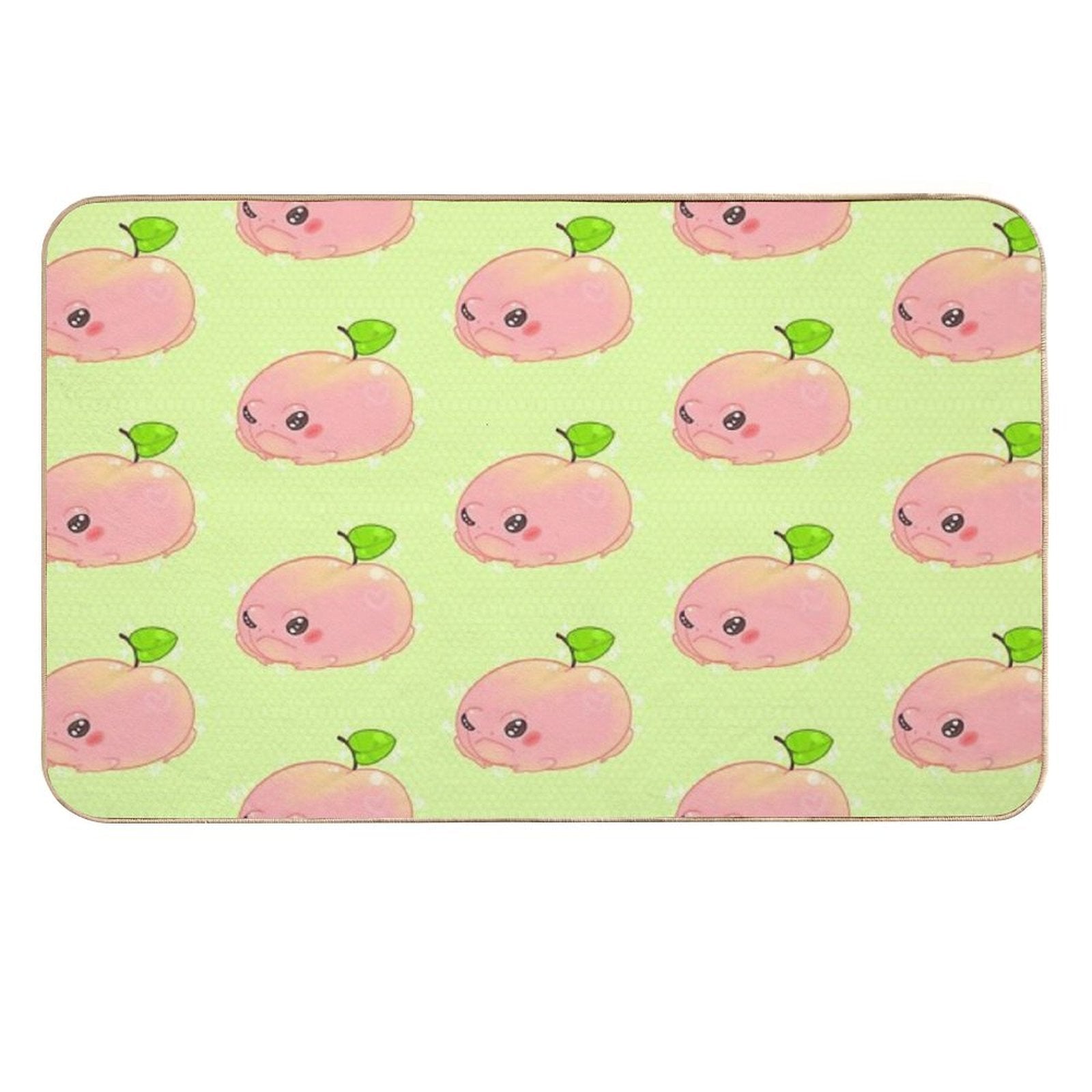 Rounded rectangular peach frog bath mat with repeating pink frogs on light green