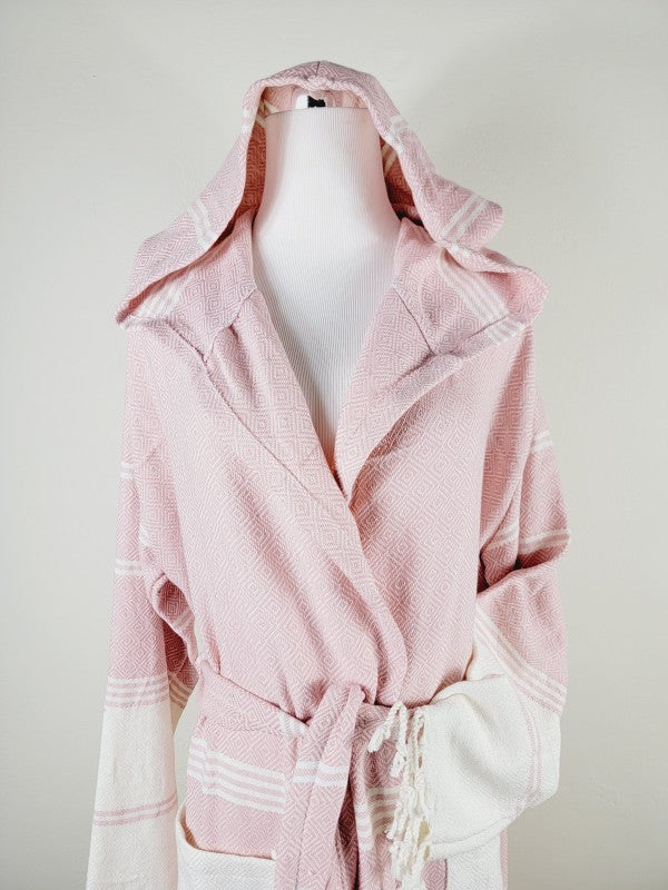 Pink unisex robe with hood, shawl collar, tie waist belt, and striped texture
