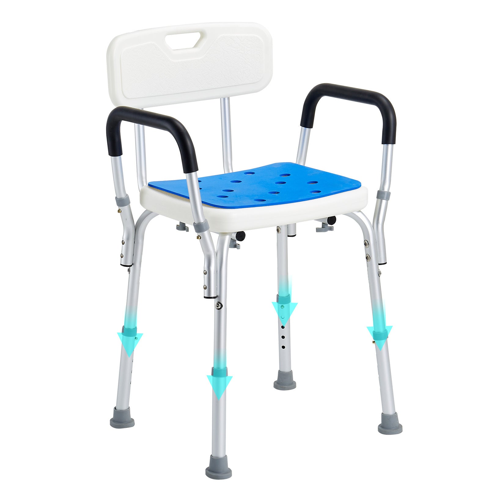 Medical shower chair with blue seat and white backrest on a white background