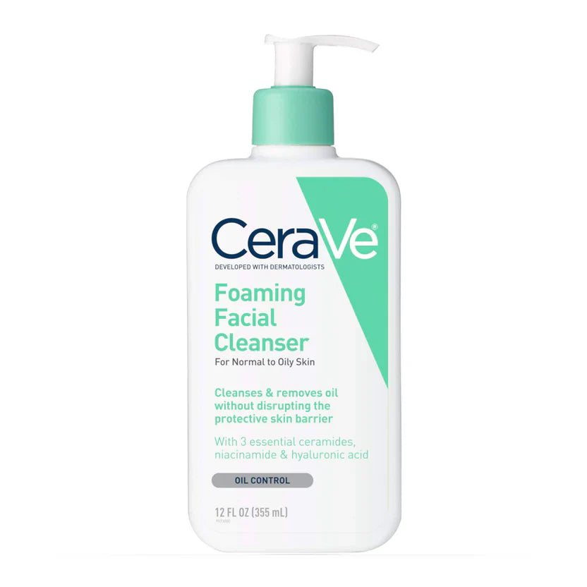 CeraVe foaming facial cleanser bottle, white with mint pump, 12 fl oz