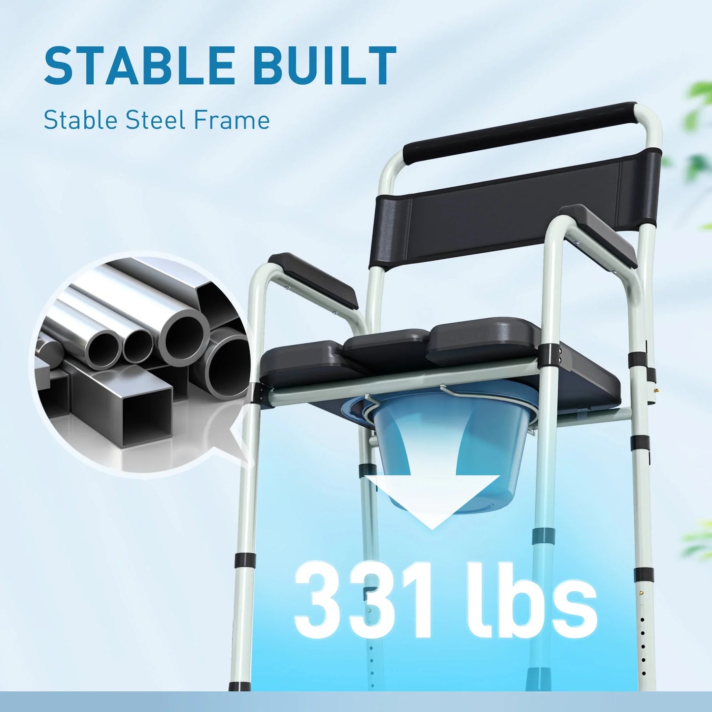 Commode chair with black seat and blue bucket; stable steel frame shown in graphic
