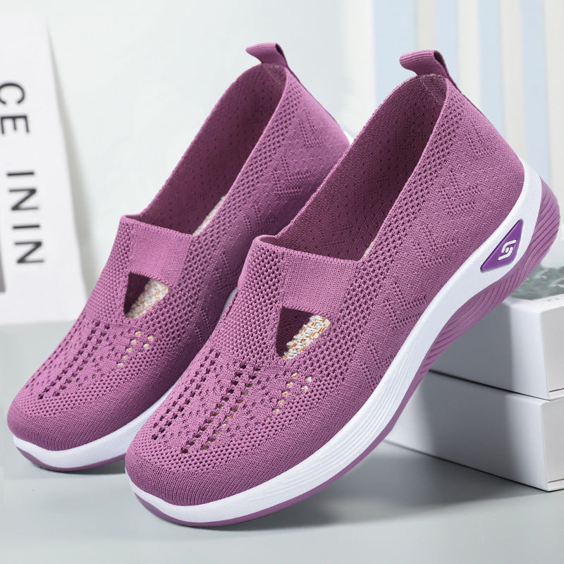 Women’s breathable mesh slip-on shoes, purple with white sole and side logo patch