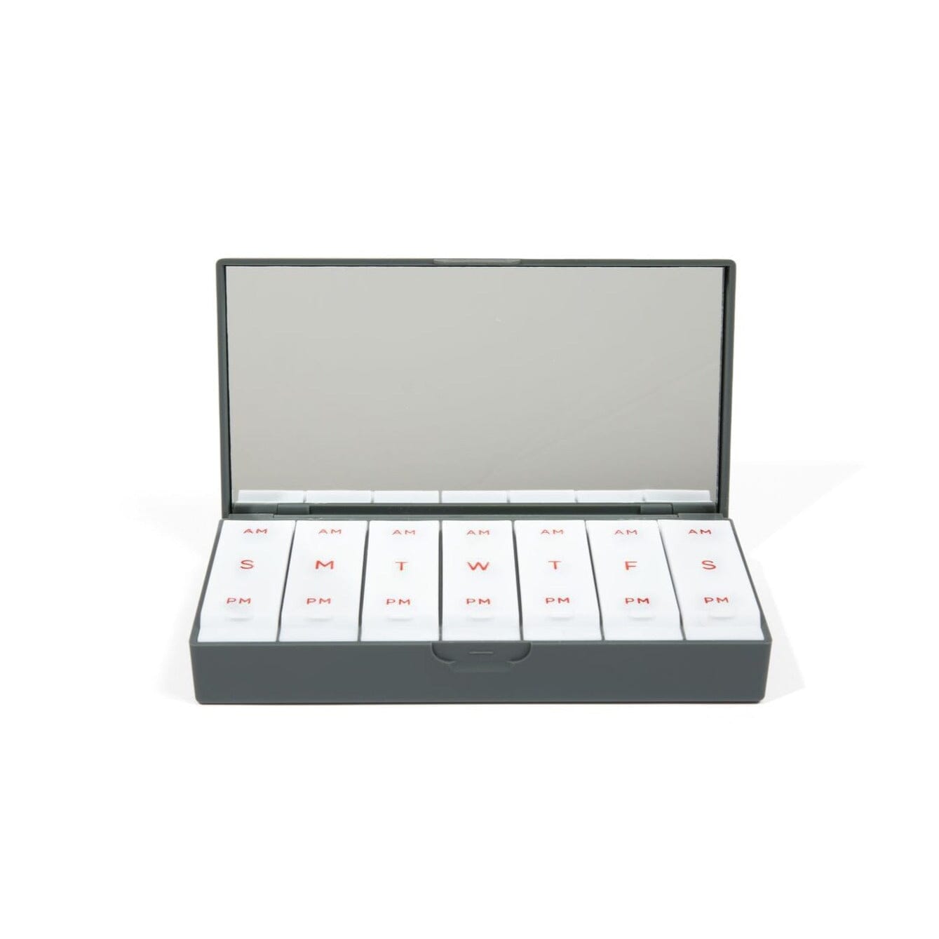 Charcoal gray AM/PM pill box open showing AM/PM label grid across compartments