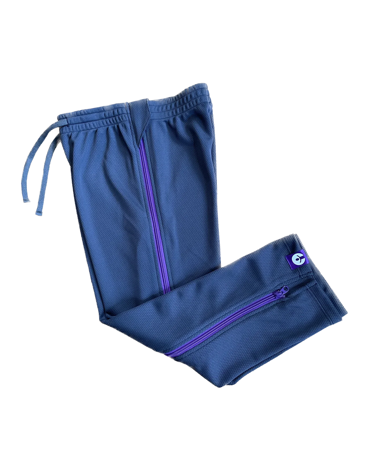 Blue pants with purple zippers on a white background