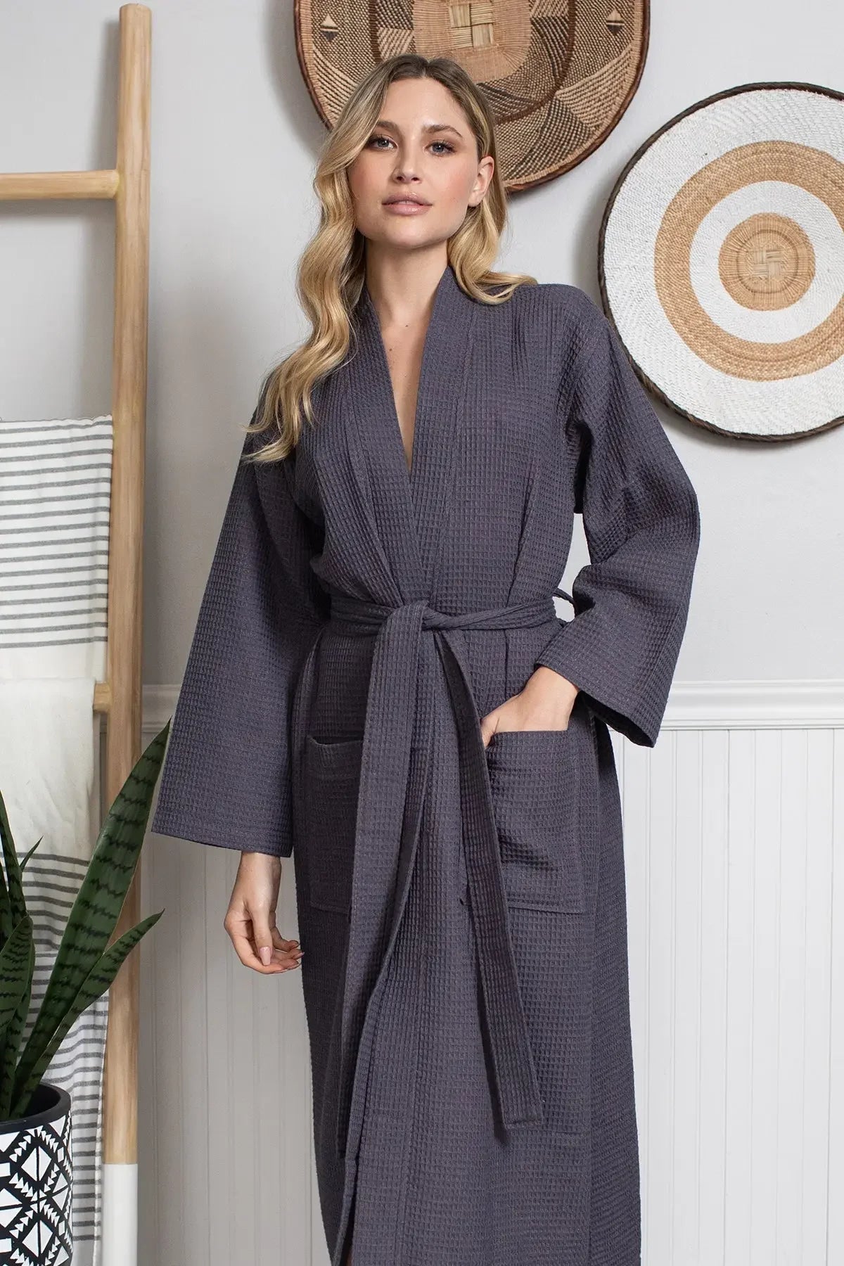Womens waffle robe, dark charcoal, V-neck with tie belt and long cuffed sleeves.
