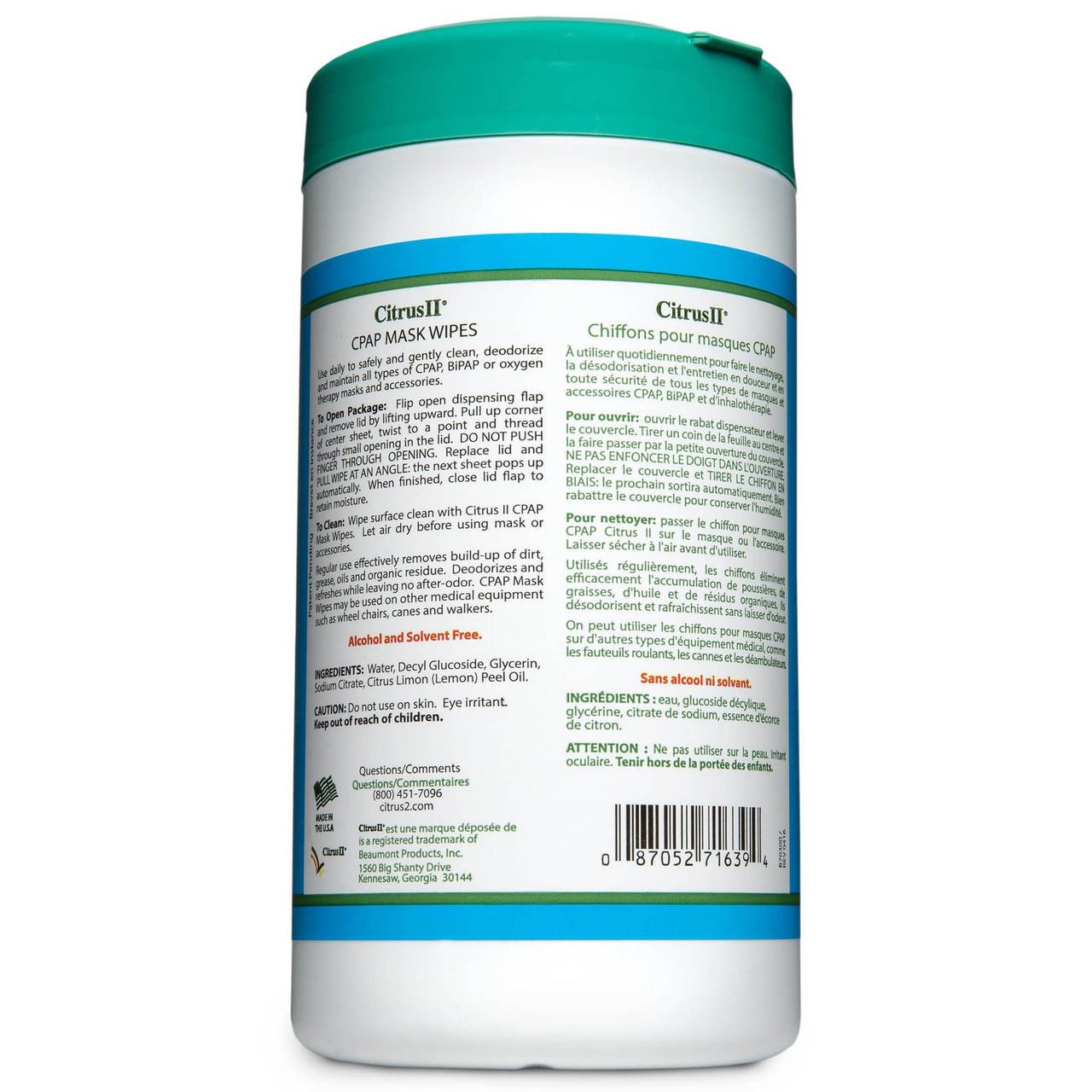 Citrus II CPAP mask wipes back label with ingredients and barcode on container