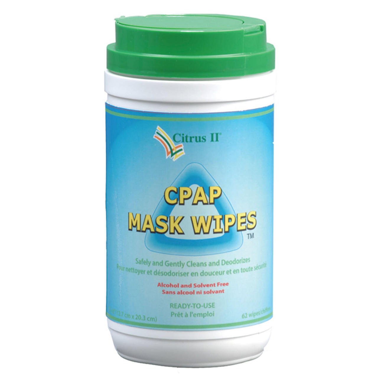 Citrus II CPAP mask wipes jar with green lid; citrus deodorizing; 62 wipes