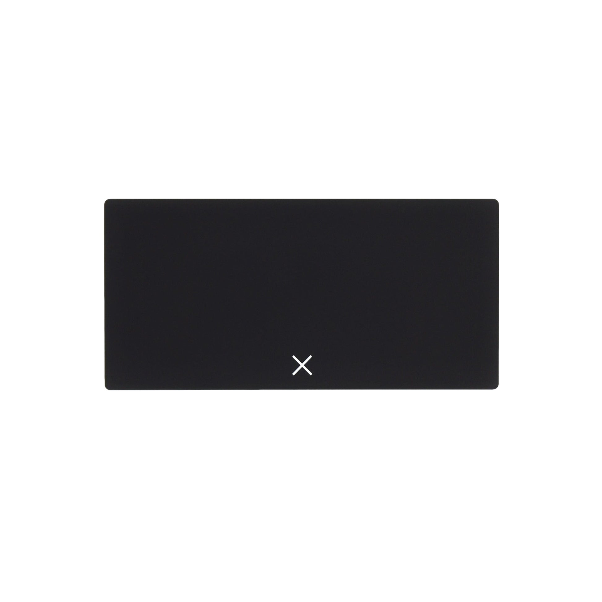 Black rectangular pill box with lid closed and small X on front