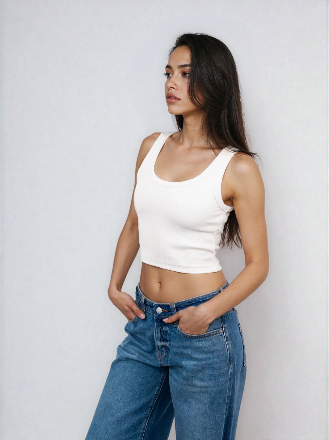 White cropped ribbed tank with scoop neck and thin ribbed straps