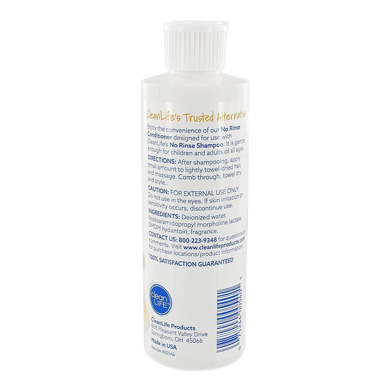 No-rinse conditioner bottle back label, 8 fl oz, barcode and directions