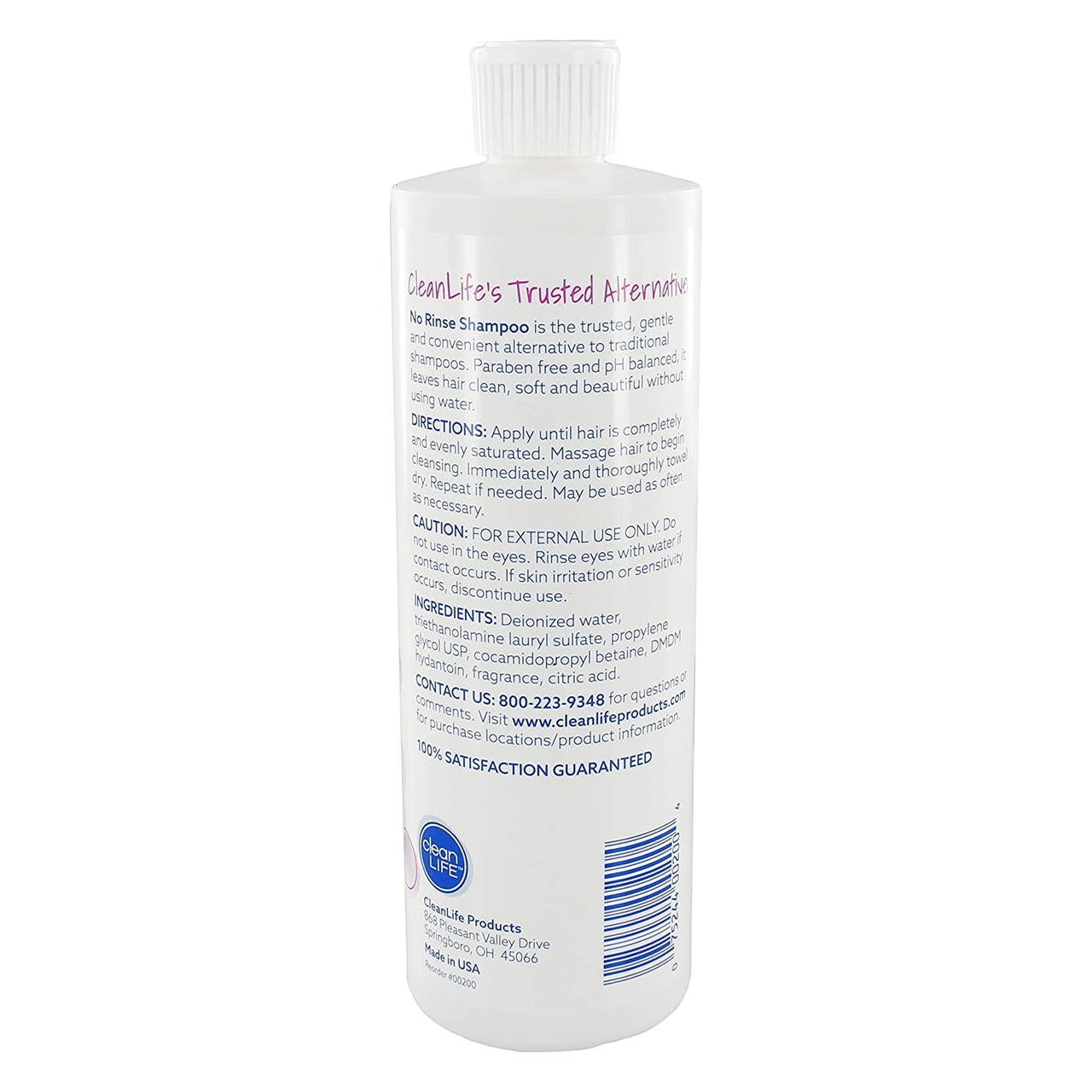 CleanLife no-rinse shampoo bottle back label with directions and ingredients